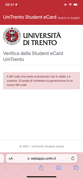 Pagina web di verifica della Student eCard: si vedono il marchio di UniTrento, il titolo 'Verifica della Student eCard UniTrento' e il messaggio 'Il QR code che avete scansionato non è valido o è scaduto. Si prega di richiedere la generazione di un nuovo QR code'