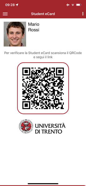 L'immagine mostra la Student eCard visibile nella UniTrento App. Si vedono il nome e cognome e la foto della persona, il codice QR per verificare l'autenticità della eCard e il marchio dell'Università di Trento